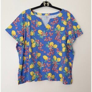 Kim Rogers Perfectly Soft Shirt Womens  3X Blue Lemon Print Short Sleeve V‎ Neck